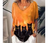 Women's Cat Print T-shirt, V-Neck, Short Sleeve, Oversized Street Clothing, Casual Basic Tops For Daily Use