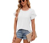 Tops casuales para mujer verano nuevo color sólido cuello redondo manga pétalo camiseta de manga corta