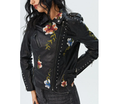 Women Spring Autumn Floral Embroidery Fashion Faux Leather Motorcycle PU Jacket Motorcycle Bomber Coat Jacket