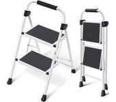 Escalera Plegable 4 Peldaños, Escalera de Tijera con Pedales Antideslizantes Anchos, Barandilla, Escalón Taburete de Acero Portátil Uso Hogar Cocina Oficina, Carga hasta 150 kg, Blanco