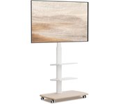 TV de Pie con Ruedas Blanco para Pantallas de 32 a 70 Pulgadas,Giro de 60°,MAX VESA 600 * 400mm,Ajuste de Altura,Gestión de Cables, TV Ruedas con 2 Estantes y Base Madera