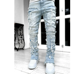 High Street White Men's Stacked Jeans Stretched Patchwork Tassel Damaged Denim Full Length Pants Hip-pop Trousers For Male