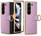 VIETAO Z Flod 6 5 4 3 Golden Plated Finger Ring Holder Kickstand Leather Mobile Phone Case Compatible With Galaxy Z Fold 6 5 4 3