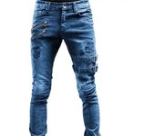 Retro Moto Biker Straight Elastic Jeans Men Zipper Hole Streetwear Punk Skinny Denim Cargo Pants Pantalones Hombre  Y2K Clothing