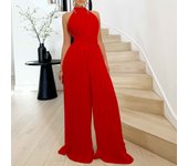 Elegant Pleated Jumpsuits & Rompers for Woman O Neck Sleeveless Belt Waisted Floor Length Wide Leg Party Birthday Outifts Cloth