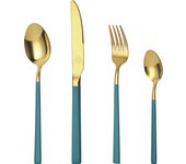 Mr.Spoon Juego 24 piezas cubiertos, Acero Inoxidable 18/0, Color Dorado, Mango Verde,Incluye cuchillo,tenedor,cuchara,cucharilla, Cubertería,Servicio para 6 Personas, Apto para lavavajillas. Ideas de regalo， Incluye bolsa de regalo.70166