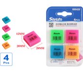 Stelam Gomas de Borrar, Paquete de 4 Unidades, 12mm x 28mm x 28mm, Colores Surtidos (Verde, Rosa, Azul, Naranja), Material de PVC Suave, Ideal para Escuela, Oficina y Arte, Borrado Fácil y Limpio