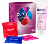 Durex - Surprise Mix 40 Condones Surtidos + Lubricante Naturals Extra Sensitivo 100ml, Sensitivo Suave, Extra Seguro y Estimulante Suave