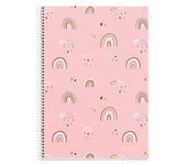 Miquelrius Cuaderno espiral A4 Rainbow, 80 hojas de 70 gramos, cuadrícula 4mm, tapas de cartón impreso - Rosa