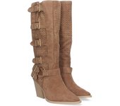 PuntoSalao Botas altas de tacón medio con hebillas estilo motero mujer color camel L1000