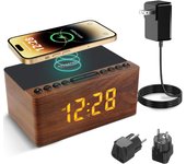 ANJANK Wooden Alarm Clock FM Radio,Wireless Charger Station for iPhone/Samsung,5 Level Dimmer,USB Charging,9 Alarming Sounds
