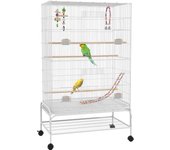 PawHut Jaula para Pájaros con Ruedas Jaula Grande con Soporte Pajarera con Bandeja Extraíble Puertas Comederos Perchas Juguetes y Estante Inferior para Canarios Periquitos 79x49x133 cm Blanco