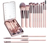 Juego de brozas de maquillaje de viaje, base en Polvo, correctores, Sombras de ojos, juego de maquillaje with Espejo de Luz LED, 14 piezas MINI brozas de maquillaje (APINK)