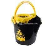 Tradineur - Cubo para fregar redondo con escurridor, polipropileno, incluye asa, ligero, limpieza, hogar, fabricado en España (Negro y amarillo - 13,5 litros)