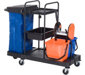 HOMCOM Carro de Limpieza Profesional con Escurridor de Palanca con 3 Estantes y 2 Cubos de Fregar de 18L Bolsa con Tapa Ruedas 111x63,3x103 cm Negro Azul y Naranja