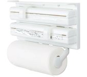 HOGUITA-Dispensador de Pared 3 en 1 para Cocina – Soporte Portarrollos Blanco con Cortador de Film, Papel Aluminio y Papel Cocina, Dispensador ABS Multifuncional para Organizar y Ahorrar Espacio