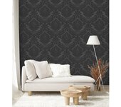 Muestra DIN A4 de Papel pintado vinílico lavable de damasco victoriano color negro fondo satinado - Senso 421504 de GAULAN