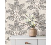 Muestra DIN A4 de Papel pintado de hojas de palmera con flores estilo tropical color gris y beige - Malibu Palms 682362 de GAULAN