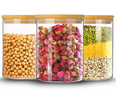 3 Tarros de Cristal con Tapa de Bambú – Herméticos y Resistentes, para Almacenaje de Pasta, Arroz, Especias y Alimentos Secos, Vidrio de Borosilicato Reforzado, Transparentes y Elegantes - Incluye Etiquetas