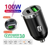 100W/200W QC3.0 PD Mini Car Charger 12-24V Lighter Fast Charging Car USB Type C Charger for  Samsung Huawei iPhone Power