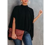Women's Cape Sleeve Oversize Blouse Tie Closure High Neckline Caftan Body Loose Tops