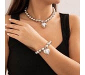 2Pcs Punk Big Love Heart Pendant Choker Necklace Women Goth Vintage CCB Beads Chain Bracelets Grunge Jewelry Set Steampunk Men