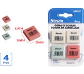 Stelam Gomas de Borrar, Paquete de 4 Unidades, 12mm x 28mm x 28mm, Colores Surtidos (Verde, Rosa, Azul, Naranja), Material de PVC Suave, Ideal para Escuela, Oficina y Arte, Borrado Fácil y Limpio