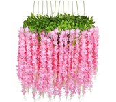 12pcs Wisteria Artificial Fake Flower Bushy Vine Ratta Hanging Garland For Wedding Home Wall Decor Pink