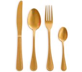 Cuberteria Vintage Juego de 24 piezas fabricado en Acero Inoxidable 18/10 en color oro. Incluye: 6 Cuchillo de mesa, 6 Cuchara de mesa, 6 Tenedor de mesa y 6 Cuchara de café postre.