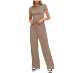 Spring/summer solid color casual suit with pleats, short sleeved top, high waisted wide leg pants, sportswear