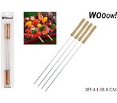 WOOOW! - SET DE 4 PINCHOS METAL MANGO DE MADERA 38.5CM  - Pinchos de Metal para Brochetas y Aperitivos - Pinchos de Metal Resistentes y Duraderos - Pinchos de Metal para Barbacoas y Parrilladas - Pinchos de Metal con Diseño Funcional y Estético