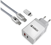 Subblim cargador ultra rapido 2xusb de pared pd25w+qc3.0+cable c to c y lightning blanco