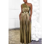 Elegant Women Even Dresses Luxury Maxi Long Metallic Pleated Dress One Shoulder Sleeveless Premium Shiny Shimmer Gowns Big Size