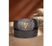 Western Cowboy PU Leather Belt - Men Waist Strap Bull Decoration Floral Engraved for Jeans