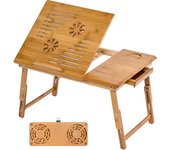 Tectake - Mesa para portátil de bambú Kerstin, 55 x 35 x 26 cm ajustable y con puerto USB, Con cajón, tablero abatible en 4 posiciones, Material: madera de bambú de alta calidad lacada, Incluye ventilador con puerto USB 5 V