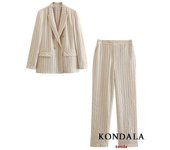 TRAFZA Vintage Spring Office Women Stripe V Neck Double Breasted Pockets Blazer Straight Loose Pants Fashion 2025 Office Wear