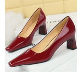 Women 6cm High Heels Pumps Lady Square Toe Glossy Patent Leather Block Low Heels Girl Green Blue Nude Wine Red Quality Shoes