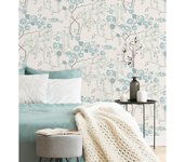 Muestra DIN A4 de Papel pintado vinílico ecológico rosas celeste y verde agua fondo claro - Olivia Bloom 679680 de GAULAN