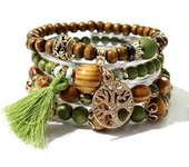 Pulsera de cuentas boho, colgante de árbol de la vida, pulsera de borlas de cuentas de madera de varias capas, regalos de joyería de estilo bohemio (verde militar, juego de 4)