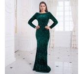 O Neck Sequined Velvet Evening Dress Formal Prom Gown Full Sleeved Long Maxi Dresses