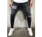 Fashion Black White Plaid Splicing Cloth Jeans Youth Men Casual Checkerboard Print Broken Holes  Four Seasons Pencil Denim Pants