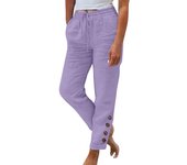 Womens Summer Elastic Waist Pocket Pocket Solid Color Cotton Linen Wide Leg Pants Loose Nine Points Pants Pants for Women