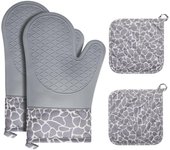 Mites de Horno, Guantes De Horno de trabajo pesado un par Y 2 manteles aislados, silicona y Algodón Mites de Horno para hornear Cocina BBQ Microondas, Parrilla-Gris