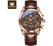 OLEVS 2876 Luxury Quartz Watches for Men Geunine Leather Strap Waterproof Chrono Moon Phase Auto Date Original Men's Wrist Clock