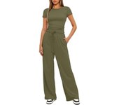 Spring/summer solid color casual suit with pleats, short sleeved top, high waisted wide leg pants, sportswear