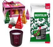 Pack surtido: MENTOLIN REGALIZ S/A BOLSA 1KG + Vela perfumada en vidrio rosa de silicona 170 g + Caja de Té Joyfull con variedad de sabores