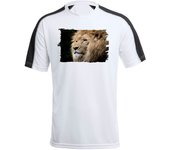 MERCHANDMANIA CAMISETA TÉCNICA FRANJA MANGAS NEGRA leon majestuoso salvaje selva savana feroz fiera tshirt