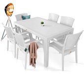 Mesa MIJAS, polipropileno blanco, 150 x 90 cms +6 SILLAS Mesa de diseño, imitación a rattán, polipropileno de color blanco, 150 x 90 cms. Otros colores y medidas disponibles. Silla y sillón a juego