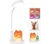 SOMY Lámpara de escritorio para niños, lámpara de mesa con sal del Himalaya, lámpara de noche que cambia automáticamente de color, con portalápices, lámpara de lectura recargable regulable para niños, luz nocturna blanca
