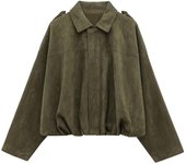 PB&ZA 2025 Women Faux Suede Collared Jacket with Shoulder Straps Loose Fit Stylish Olive Green for Sale on AliExpress